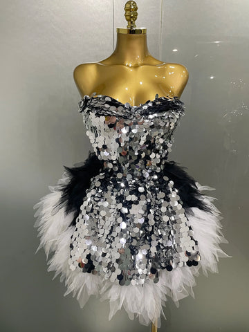 New Stage Costume Women's Sparkly Sequin Mesh A Line Top Skirt 2 Pieces Set Nightclub Party Birthday Dress Photo Shoot Wear