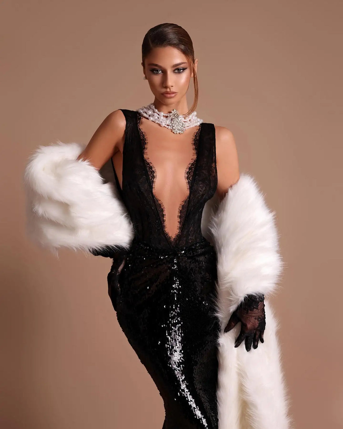 VC Alluring Black Sequin Deep V Neck Backless Lace Design Mermaid Dress for Party Dinner Evening Gown