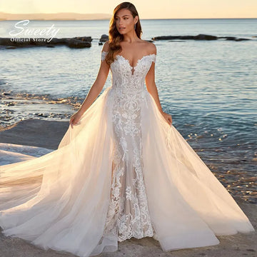 Luxury Detachable 2 In 1 Wedding Mermaid Dress Embroidered Lace On Net With Square Collar Sleeveless Bride Gowns Vestido De Novi