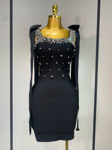 Women Celebrity Sexy Sparly Diamonds Black Mini Bodycon Bandage Dress 2025 Elegant Evening Party Luxury Birthday Dresses