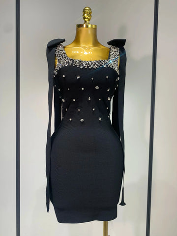 Women Celebrity Sexy Sparly Diamonds Black Mini Bodycon Bandage Dress  Elegant Evening Party Luxury Birthday Dresses