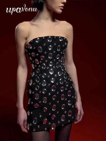 2025 Spring Sexy Women's Light Luxury Nail Bead Bandage Dress Strapless Sleeveless Bodycon Bareback Mini Dresses Party Vestidos
