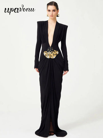 2025 Sexy Women's Light Luxury Maxi Dress Deep V-neck Long Sleeve Three Dimensional Beaded sequin Design Bodycon and Floor Dress