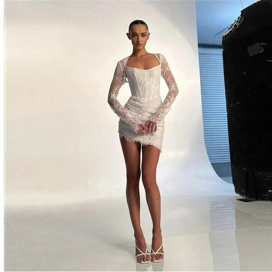 Sexy Full Lace Short Wedding Dresses With Jacket Long Sleeves Boning Mini Bridal Gowns Robe de mariage Party Dress Champagne Short Wedding Dress