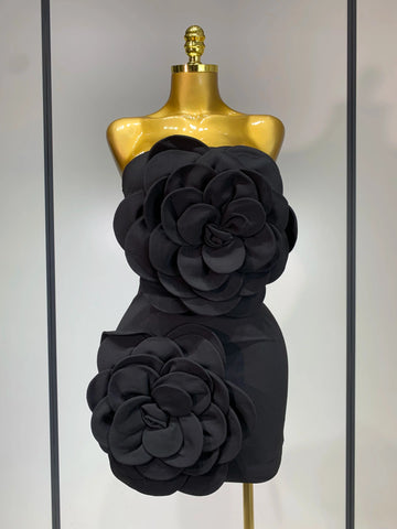 Women Sexy Strapless Backless Flower Black Mini Bodycon Dress 2025 Celebrity Elegant Evening Club Party Outfit Birthday Dresses