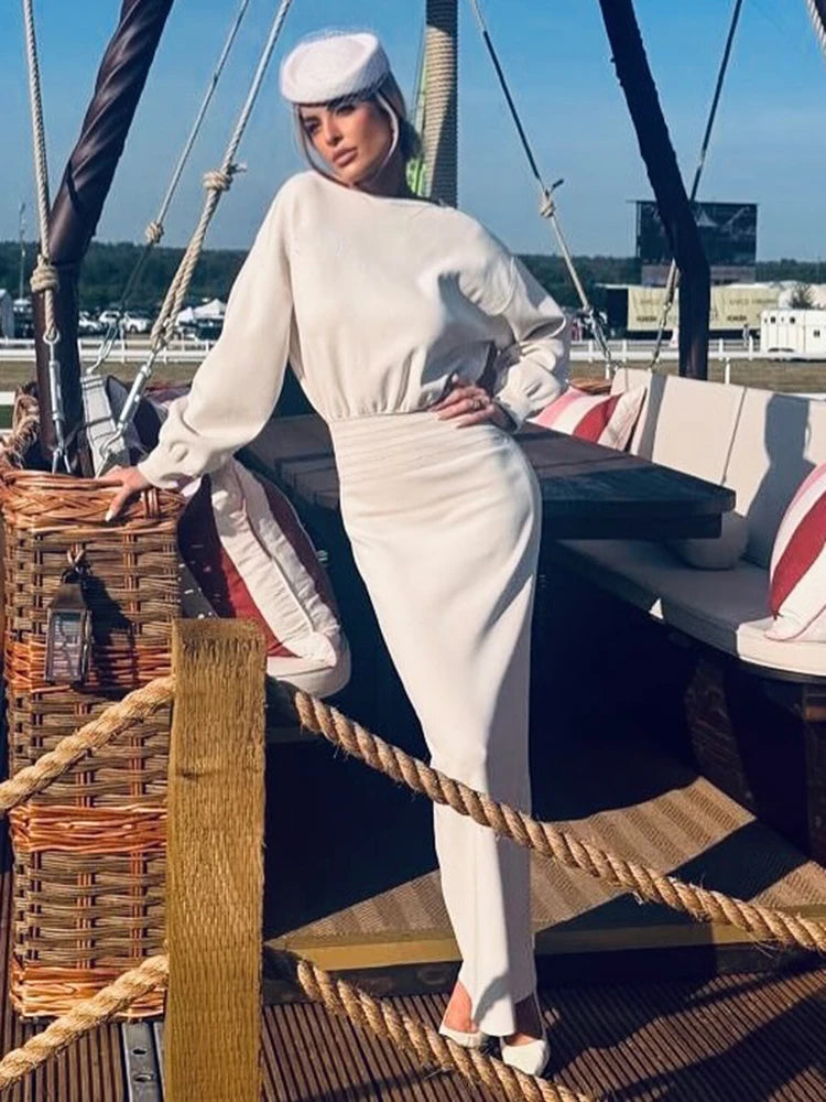 VC Elegant Soft Crewneck White Long Sleeveless Midi Dress for Office-Ready Chic Gown