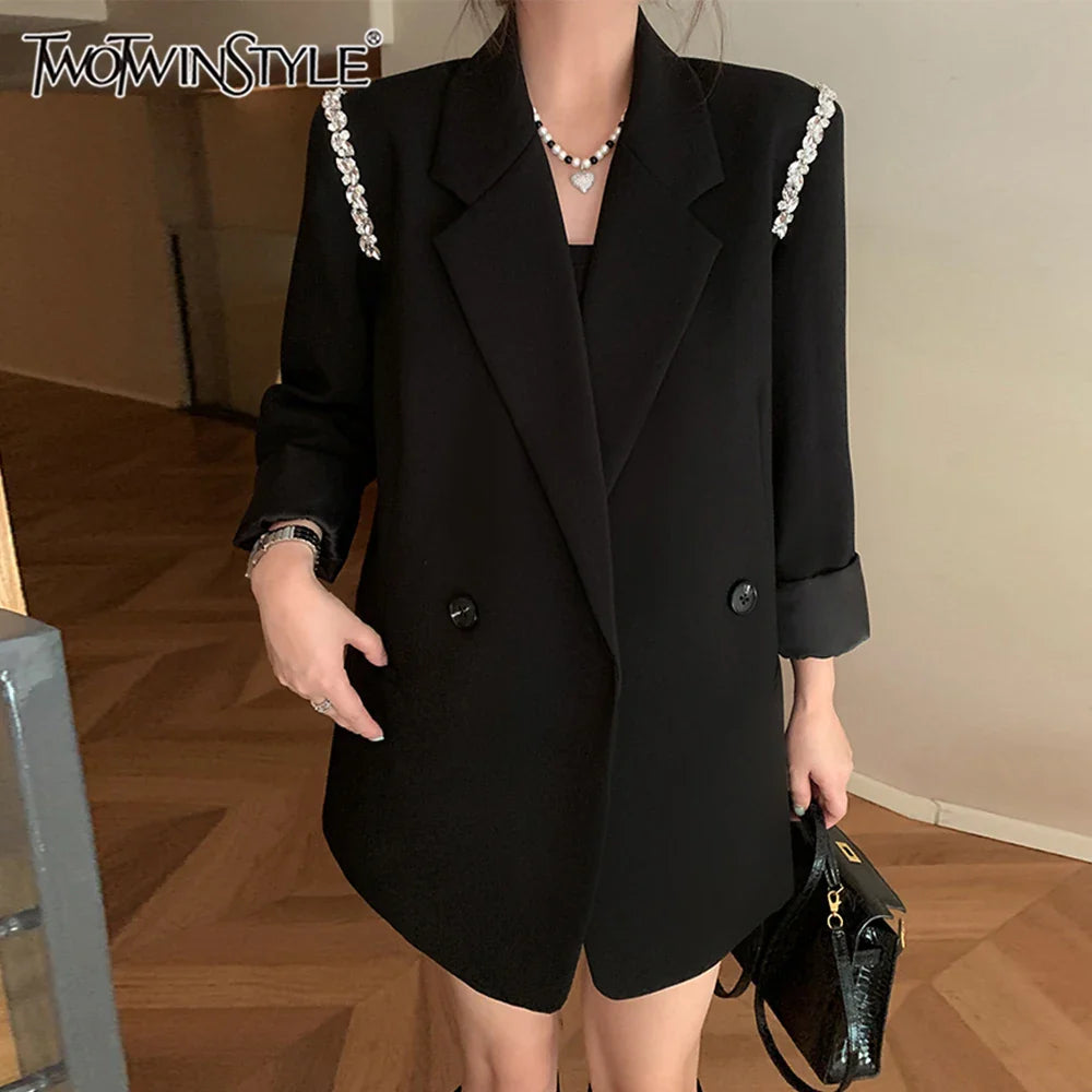 Solid Loose Spliced Button Casual Jackets for Women Lapel Long Sleeves Patchwork Bead Jacket Female Fashion Clothes