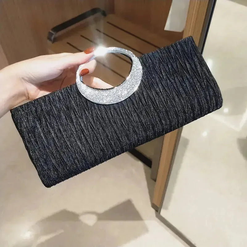 Crystal Handle Evening Dress Bag Wedding Party Storage Bag New pleated Evening bag Women's one-shoulder clutch bag