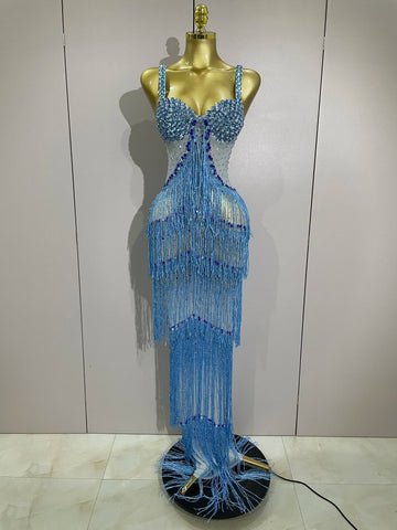 Sparkly Rhinestones Tassel sexy Mesh Slip Long Dress Women Celebrate Evening Prom Birthday paty Dress Photoshoot Stage Wear