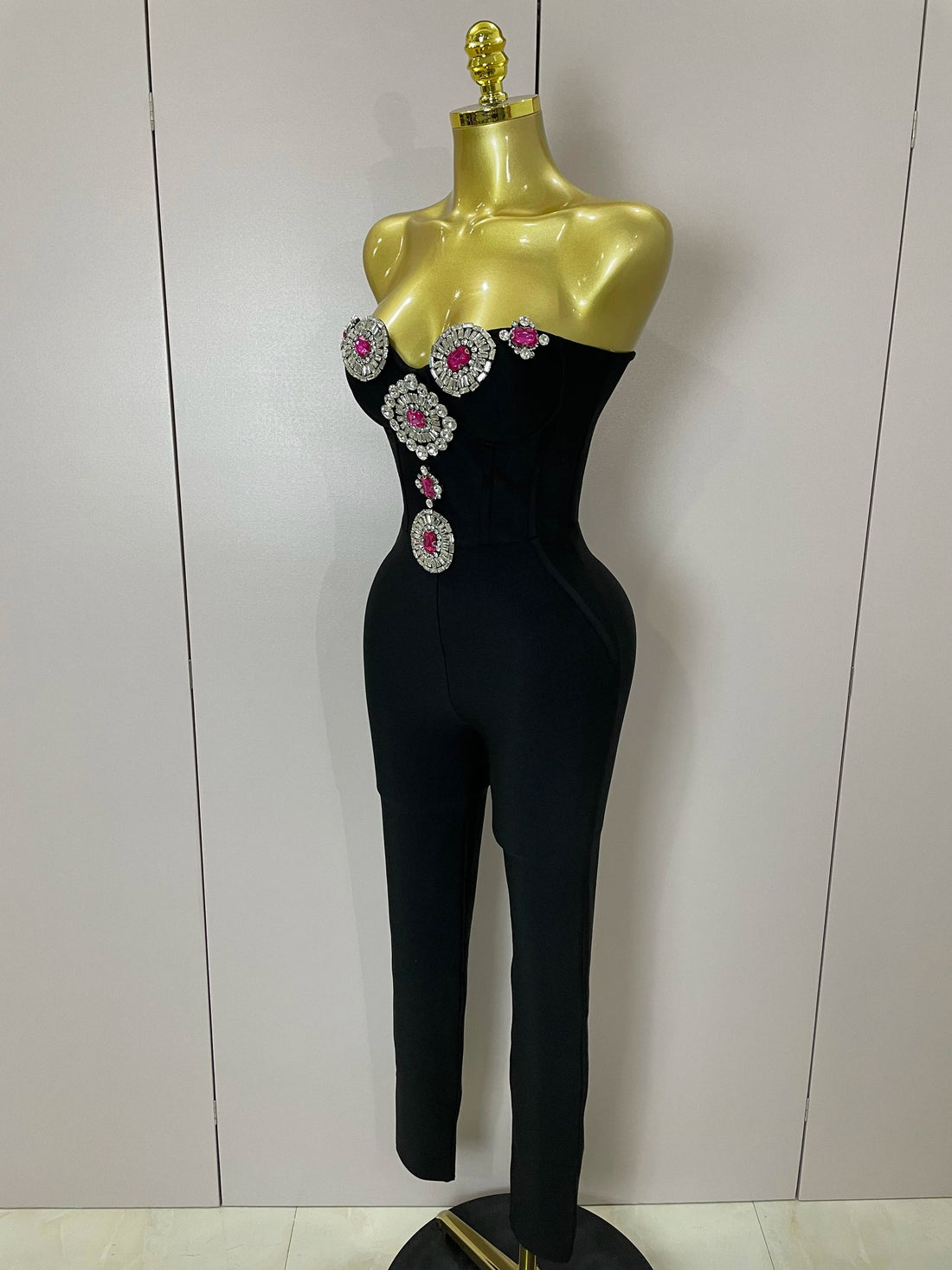 Luxury Sexy Strapless Backless Crystal Diamonds Black Bodycon Bandage Jumpsuit  Women Celebrity Designer High Street Rompers