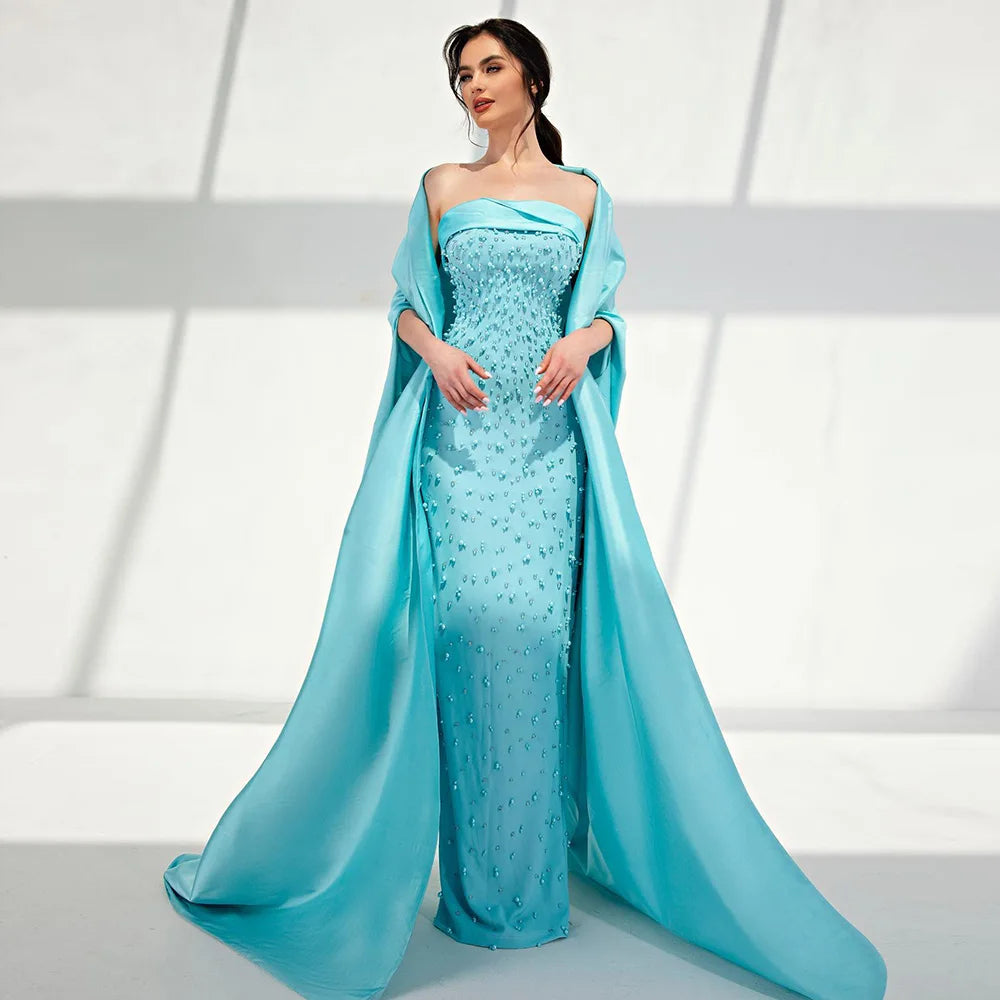 Luxury Dubai Pearls Mint Green Evening Dresses with Cape Sage Elegant Women Wedding Formal Party Gowns