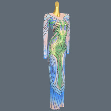 Sexy Sheer Mesh Maxi Dress Nightclub Sparkly Fancy Rhinestone Dress Cocktail Bodycon Luxury Evening Dress For Elegant Woman zuma