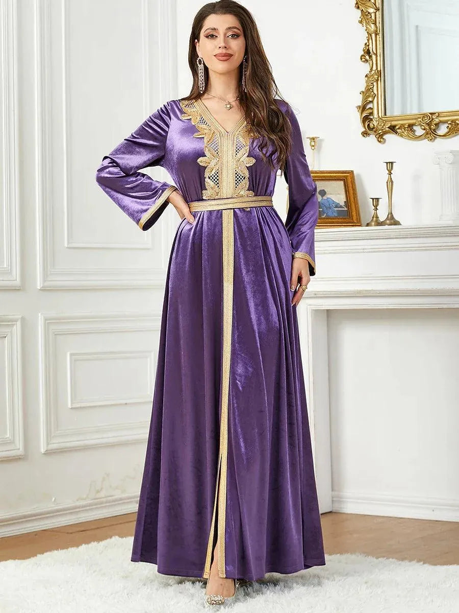 Velvet Autumn Winter Solid Evening Dress Jalabiyat Turkish Saudi Long Sleeve V-Neck Belted African Moroccan Abaya