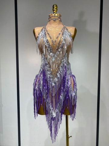 Luxury Rhinestone Tassel Sexy Women Short Latino Dance Dress Birthday Nightclub Bar Sleeveless Sparkly Performance Stage Outfit