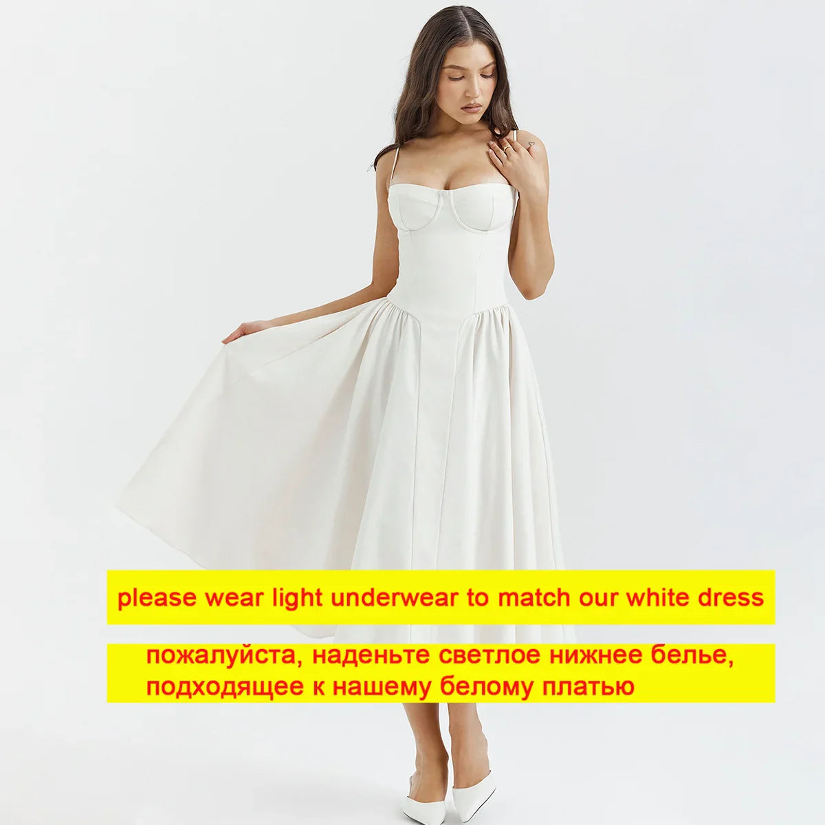 Suninheart Summer Elegant Midi Spaghetti Strap Dresses Slim V Neck A Line Party Dress Khaki Casual Dress Women's Clothing ivory white