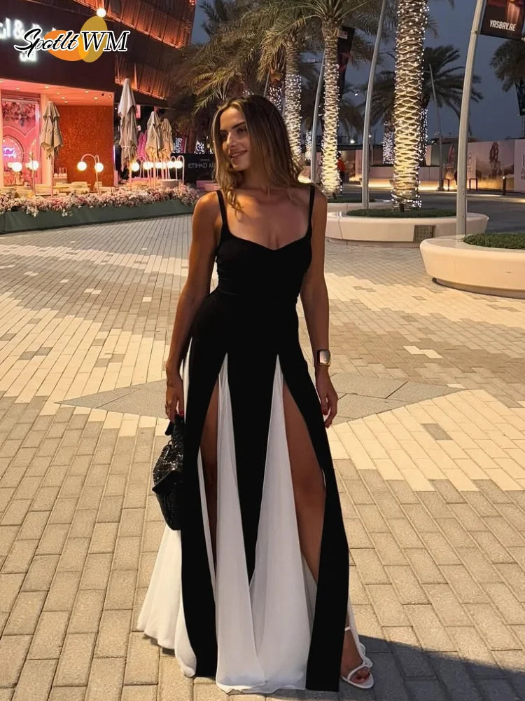 Fashion Contrasting U Neck Sling Maxi Dress Women Elegant Sleeveless Backless A-line Hem Robe Lady High Slit Summer Dresses 2025