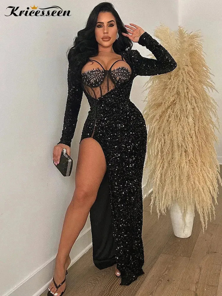 Kricesseen Chic Corset Glam High Slit Sequins Dress Set Glitter Rhinestone Underwire Lace Bodysuit +Sequins Long Dress Gowns