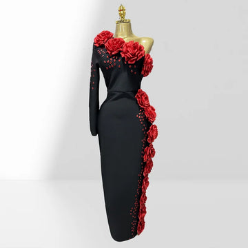 2025 New Red Flowers Shining Diamonds Sexy Oblique Shoulder Black Bandage Dress Woman Birthday Party Dress Wedding Party Outfit