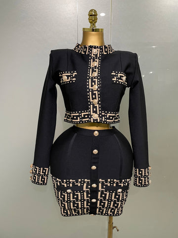 New Trendy Black Long Sleeves Two Pieces Bandage Set Button Top Short Skirt Suit Evening Party Women's Outfit Nightclub Wear