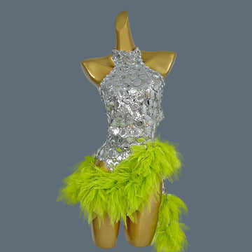 Mesh Performance Costume Bar Dancer Night Club Bodysuit Stage Wear Sparkly Green Fade Mirrors Women Sexy BodyconLeotard Yuanjing