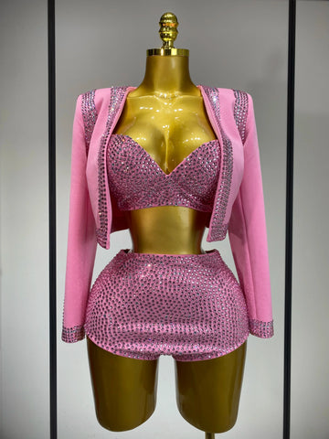 Luxury Rhinestone Jacket Bra Top And Matching Shorts Set 3 Pieces Outfits Women Sexy Sparkle Nightclub Singer Stage Outfit