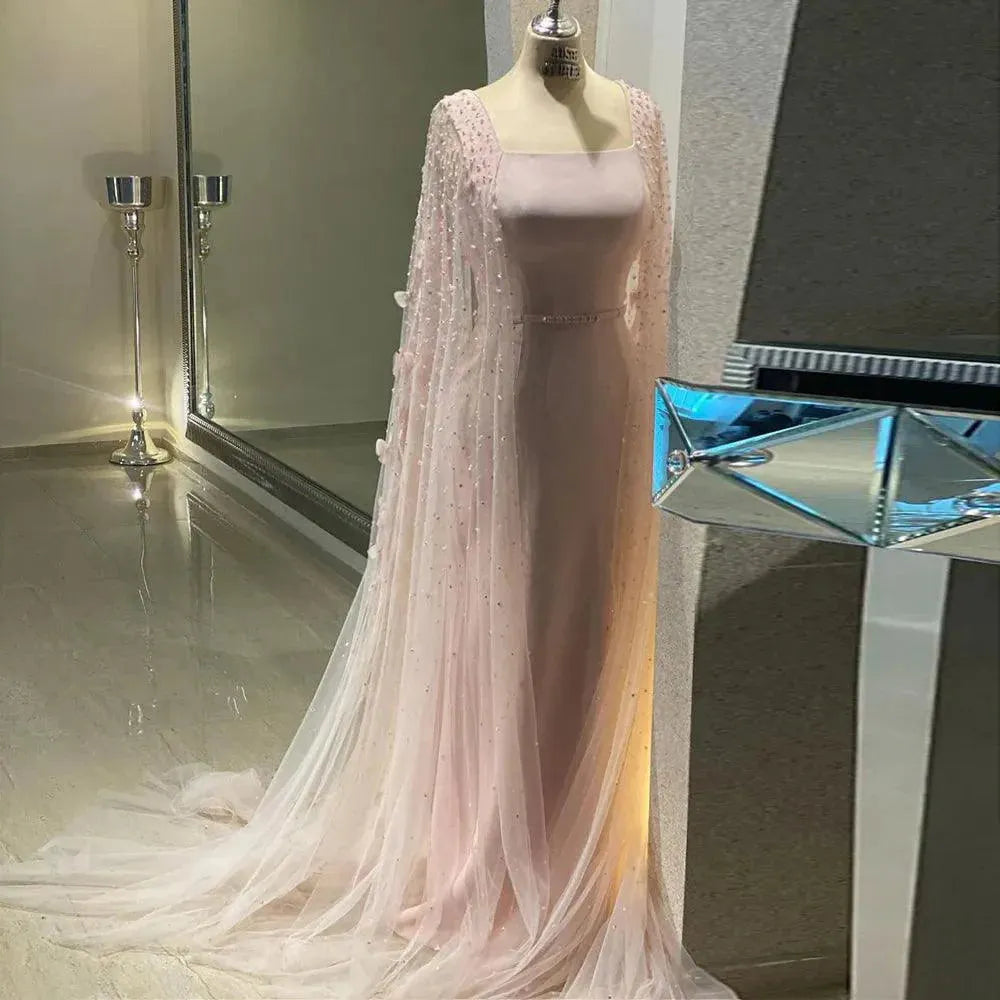 Luxury Pink 3D Flowers Dubai Evening Dress with Cape Sleeve Arabic Elegant Women Formal Gown for Wedding Party Evening Dress