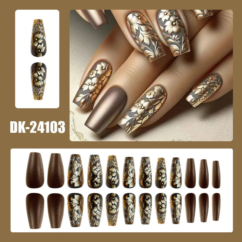 Winter 3D Flower Ballerina Press On Nails Set Long Glossy Coffee Brown False Nails With Golden Floral Accents Fake Nails Set