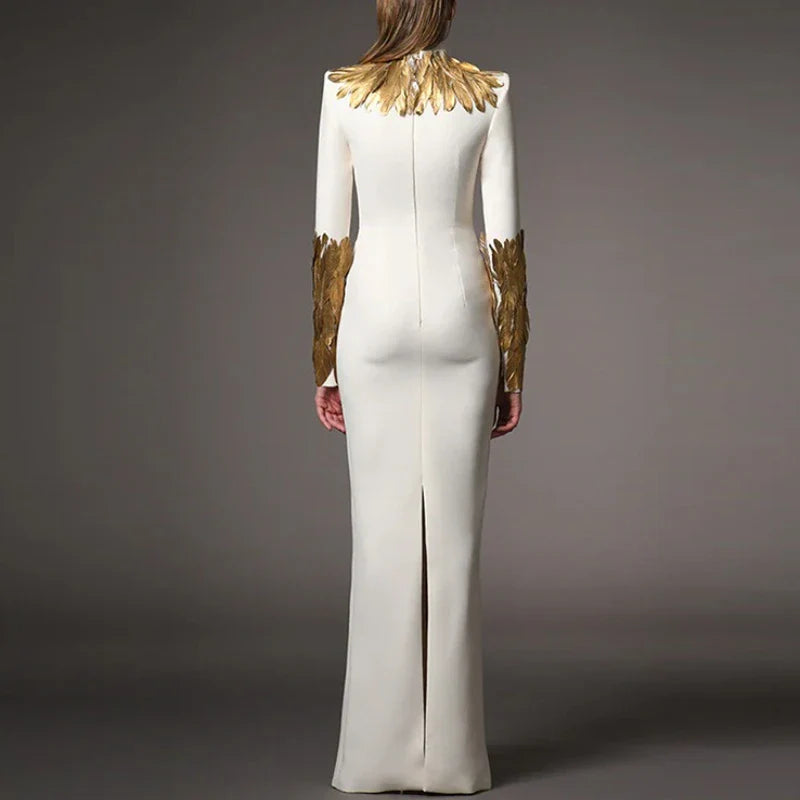 TWOTWINSTYLE Hit Color Slimming Spliced Glod Feathers Dresses for Women High Neck Long Sleeves Temperament Dress Female Fashion