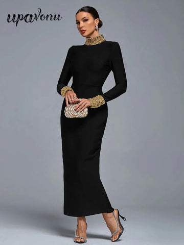 2025 Elegant Women Light Luxury Nail Bead Design Bandage Dress High Collar Long Sleeve Bodycon Long Dress Evening Party Vestidos