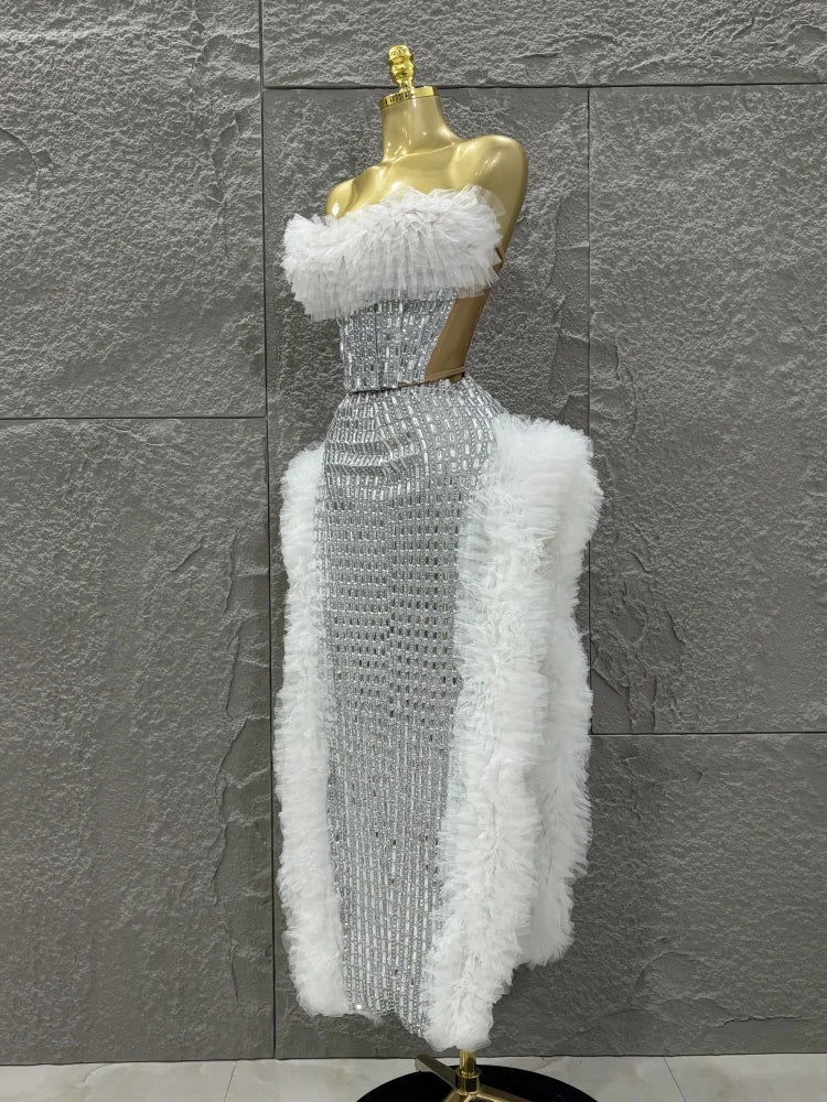 Women Sexy Mesh Ruffles 2 Pieces Laced-up Ball Gown Long Dress Fashion Nightclub Party Performance Costume Stage Wear