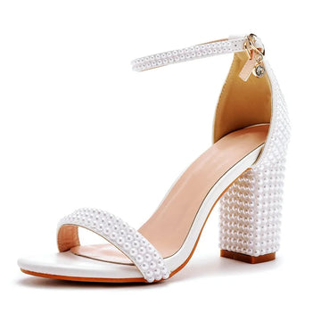 Sandale de damă cu perle și strasuri luxoase, tocuri groase înalte, sandale gladiator concise, modă, pantofi pentru banchete și petreceri feminine