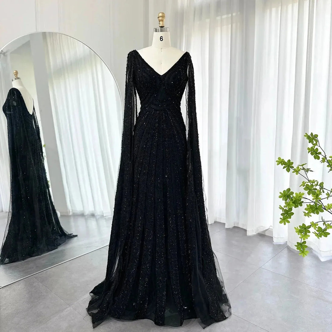 Black Arabic Mermaid Evening Dresses with Cape Sleeves Luxury Beaded Dubai For Women Wedding Party Gowns Evening Dress