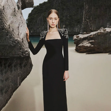 Top Quality Black Winered Women Long Sleeve Square Collar Shinning Crystal Bodycon Long Bandage Dress Elegant Evening Party Wear