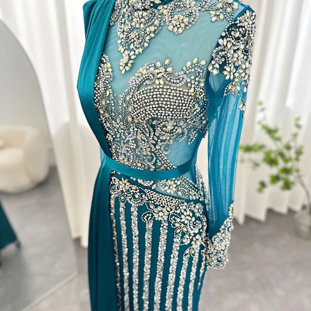 Luxury Crystal Dubai Muslim Evening Dress with Overskirt Gray Arabic Formal Dresses for Women Wedding Party