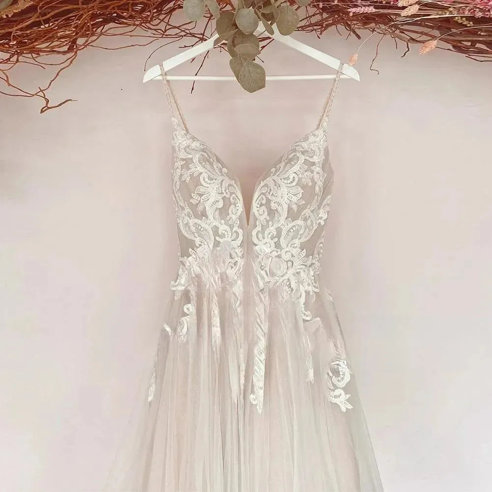 Boho Backless Classic Wedding Dresses For Women Bride Sleeveless New Bridal Gowns with Soft Tulle Vestido De Novia Photo Color Boho