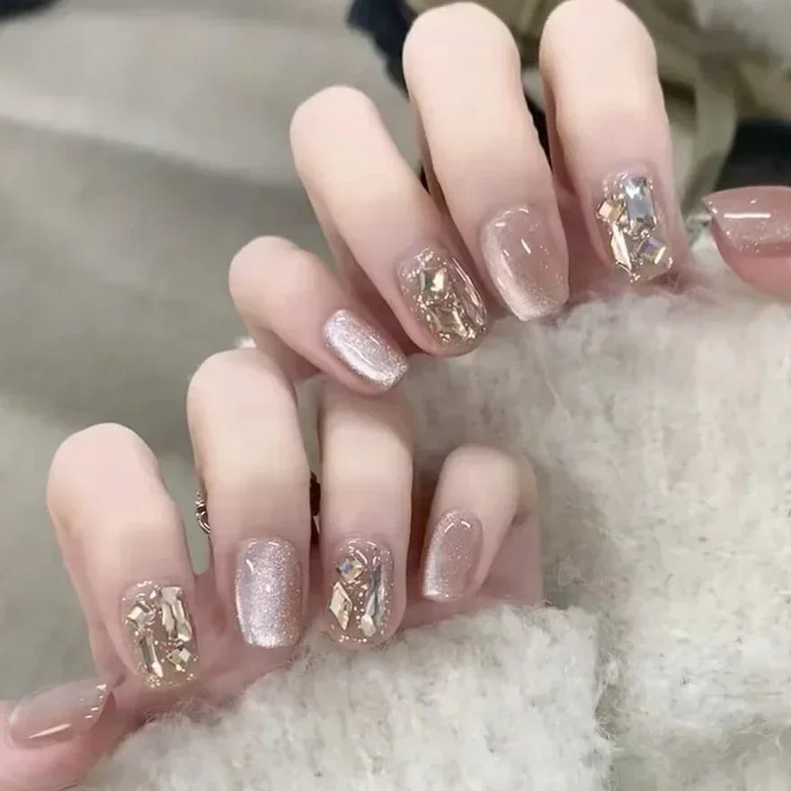 Shiny Crystal Glitter Powder Cat Eye Rhinestone Pearl Short Fake Nails Art Korean False Nails Zircon DIY Press on Nails Manicure