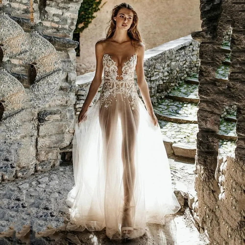 Sexy See Through Wedding Dress Scoop Neck Sleeveless Backless Bridal Gown Sweep Train Floor Length Vestido De Novia custom made