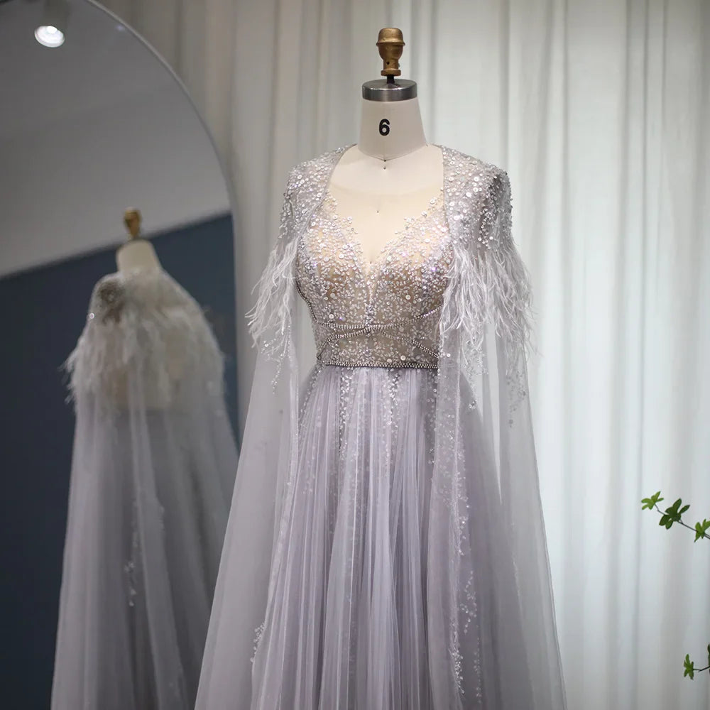 Vestidos de noche de lujo de color gris plateado de Dubái con capa de plumas, chal árabe para mujer, vestido formal para fiesta de boda y graduación 