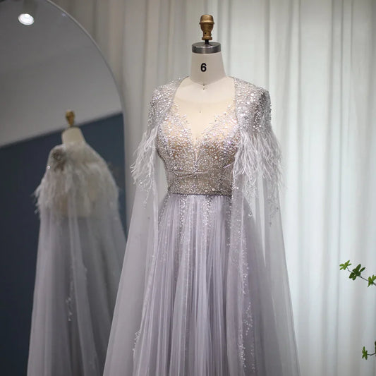 Vestidos de noche de lujo de color gris plateado de Dubái con capa de plumas, chal árabe para mujer, vestido formal para fiesta de boda y graduación 