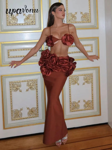 Sexy Women'S Three-Dimensional Flower Bandage Long Dress Set Spaghetti Strap Sleeveless Ultra Short Vest + Skirt Two-Piece Set