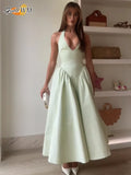 Elegant V Neck Green Long Dresses Women Fashion High Waist A-line Halter Midi Vestidos New Summer Lady Evening Party Dress 2025