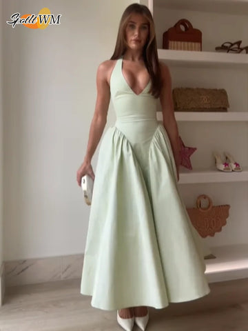 Elegant V Neck Green Long Dresses Women Fashion High Waist A-line Halter Midi Vestidos New Summer Lady Evening Party Dress 2025