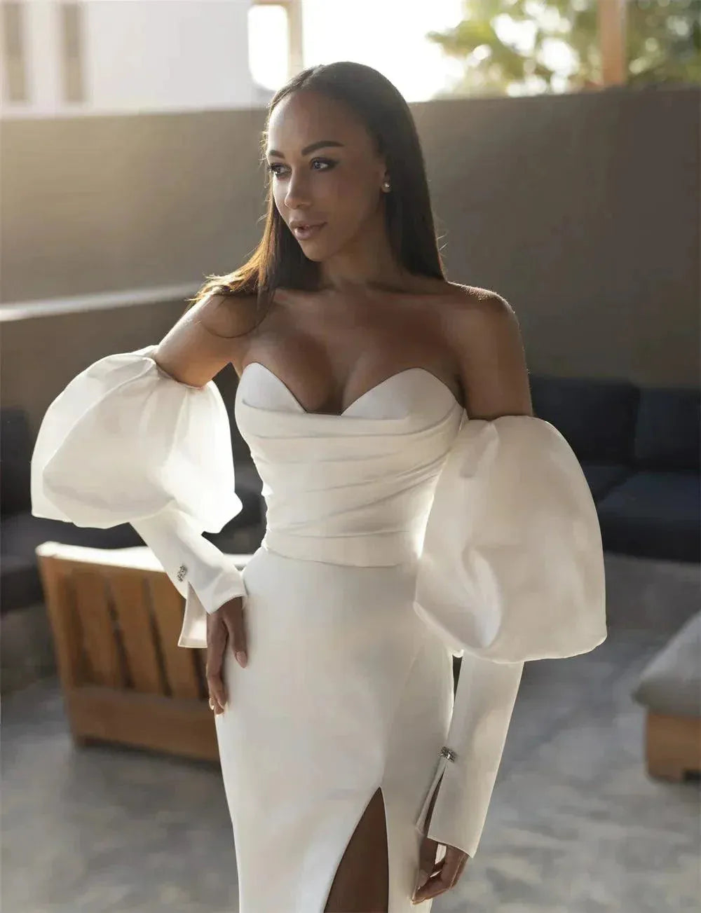 Detachable Puff Sleeves V-neck Soft Satin Sheath/Mermaid Wedding Dresses Side Slit Sweep Train Bridal Grownm 26W Mermaid