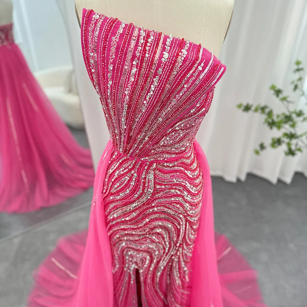 Vestido de noche de lujo de Dubái fucsia con sobrefalda festoneada y abertura alta para mujer, vestidos de fiesta de boda árabes 