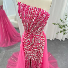 Vestido de noche de lujo de Dubái fucsia con sobrefalda festoneada y abertura alta para mujer, vestidos de fiesta de boda árabes 