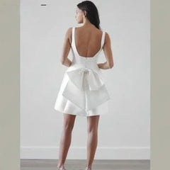 Short Mini Satin Wedding Dress Square Collar Removable Bow Robe De Mariee Spaghetti Straps Backless A-line Bride Party