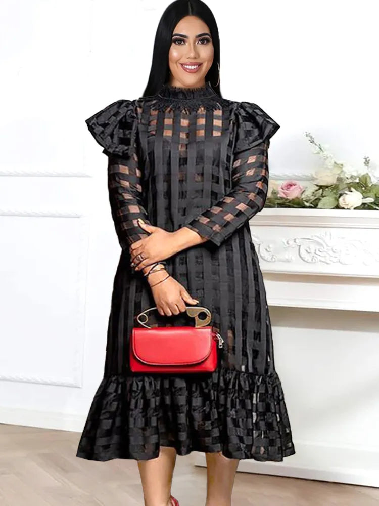 Plus Size Black Long Dress Plaid See Though Long Sleeve Midi Dresses Summer Autumn High Street Evening Party Club Outfits 2023