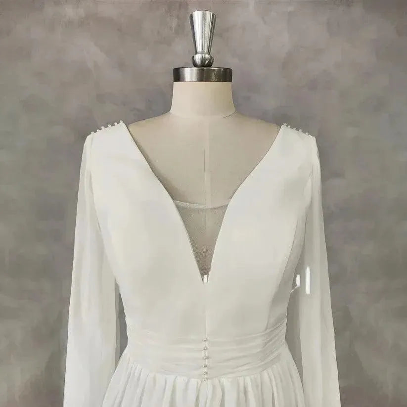 V-Neck A-Line Long Puff Sleeves Chiffon Wedding Dress Lace Up Back Court Train Bridal Gown Custom Made Ivory