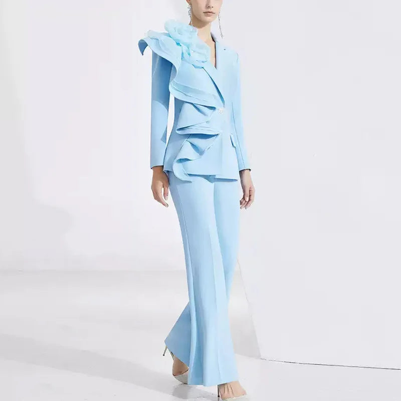 TWOTWINSTYLE Solid Slimming Spliced AppliqueTwo Piece Set for Women Lapel Long Sleeves Patchwork Fold Top Pants Sets Female New