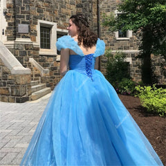 Robe de soirée Blue Princess Off the épaule Lace Up Back Robes de bal Robes en dentelle Applique Tulle magnifique robes de fête formelles Vestido D